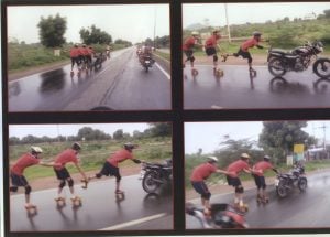 PERFORMING STUNTS WEARING SKATES WITH A MOVING BIKE (TEAM) 