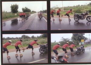 PERFORMING STUNTS WEARING SKATES WITH A MOVING BIKE (TEAM)